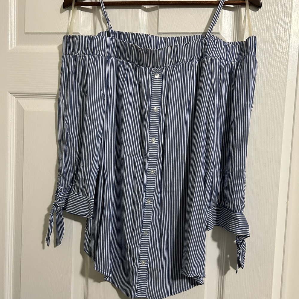 Iz Byer Blue Striped Off-Shoulder Blouse
